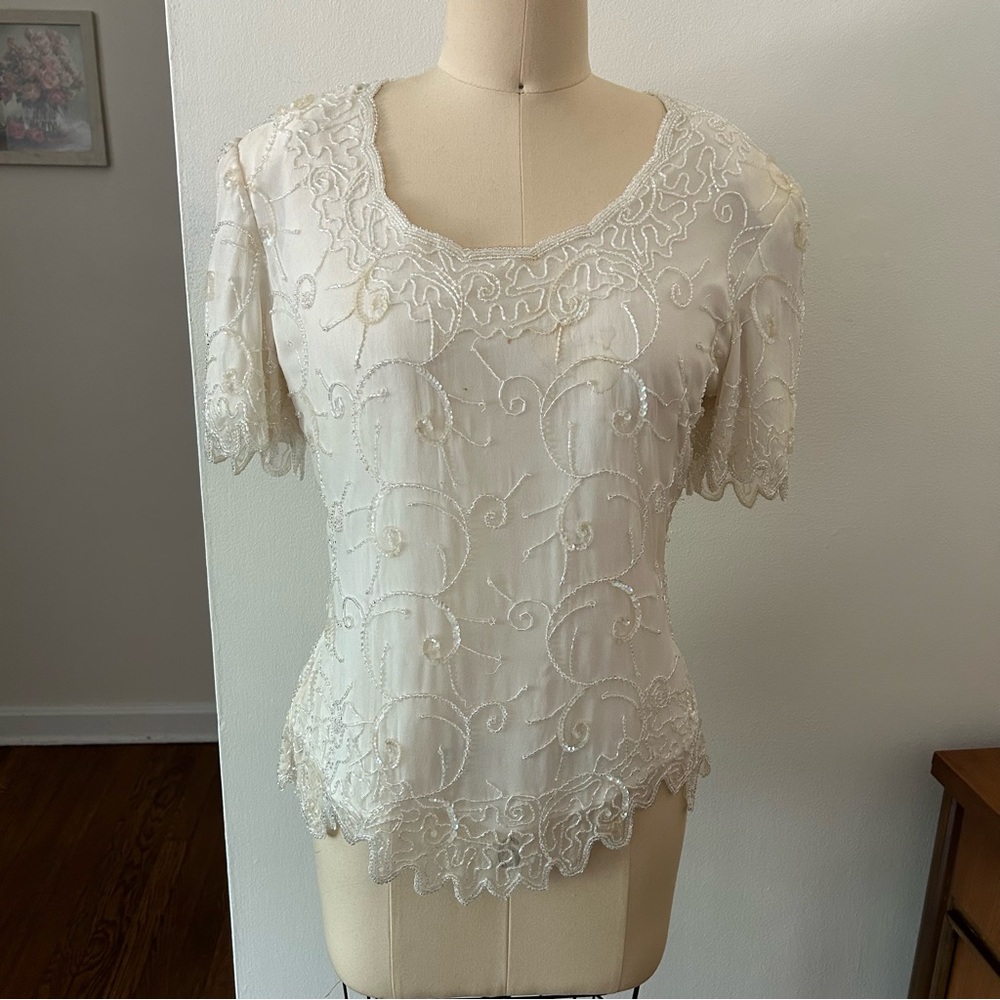 70s/80s does 40s White Formal Sequined Blouse